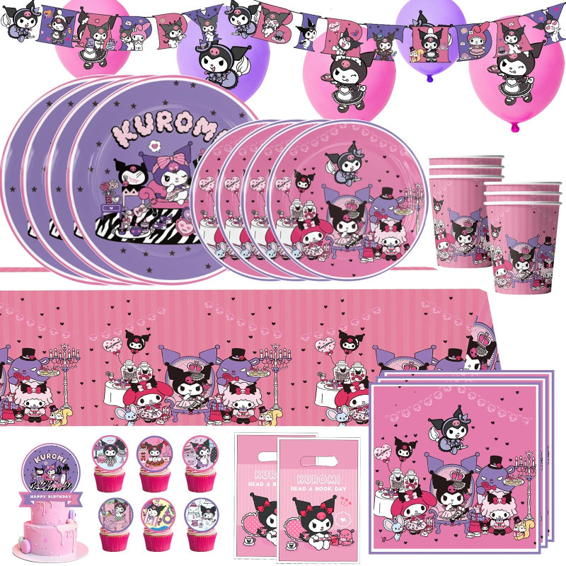 การ ์ ตูน Kuromi ธีมเด ็ กวันเกิดตกแต ่ งถ ้ วยทิ ้ งกระดาษทิชชูผ ้ าปูโต ๊ ะธง