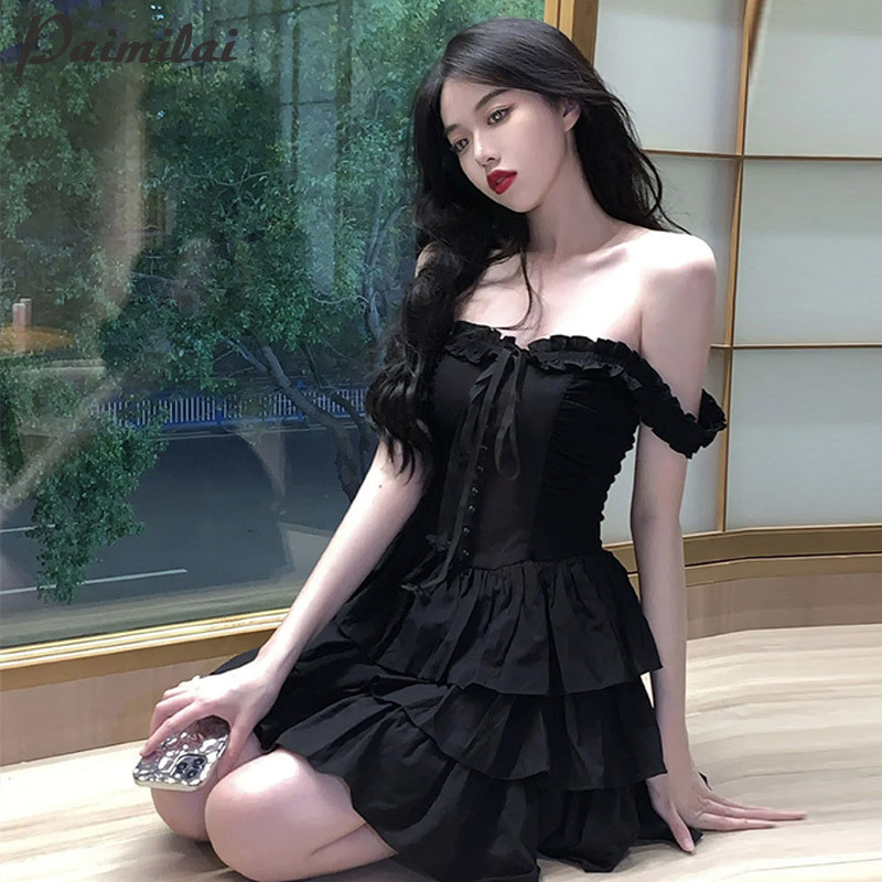 Paimilai Hepburn สไตล ์ ชุดเดรสเอี ๊ ยมเร ้ าใจสีดําสําหรับผู ้ หญิง