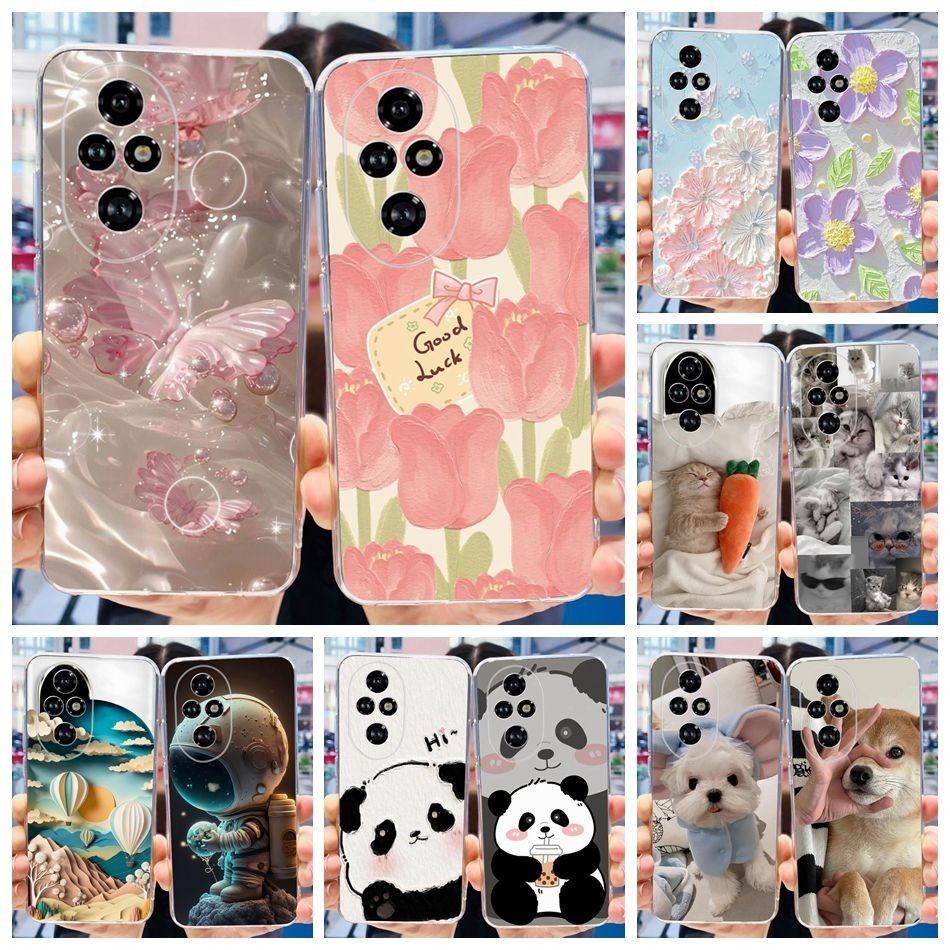 Honor 200 5G Honor 200 Pro 2024 แมวน่ารัก Panda ดอกไม้ทาสีปลอก Honor200 200Pro 5G ซิลิโคนนุ่ม TPU เคสโทรศัพท์