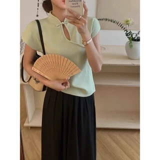Gakki เสื้อยืดแขนสั้นสไตล์จีนปุ่มแผ่นดิสก์คอปกผู้หญิง Hollow Flying Sleeve Top พร้อมส่ง 2145#