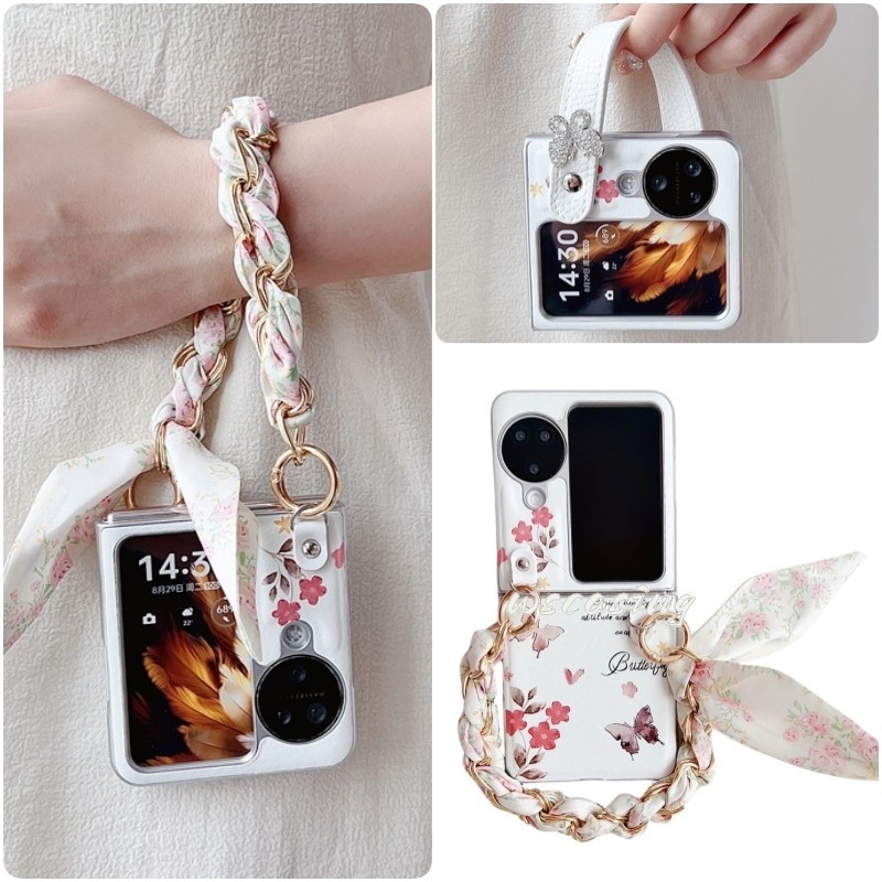 สร้อยข้อมือแฟชั่นสายรัดข้อมือหนังกรณี OPPO Find N3 N2 Flip Casing รูปแบบผีเสื้อ เคสกันกระแทก Shell Galaxy Z Flip5 Flip6