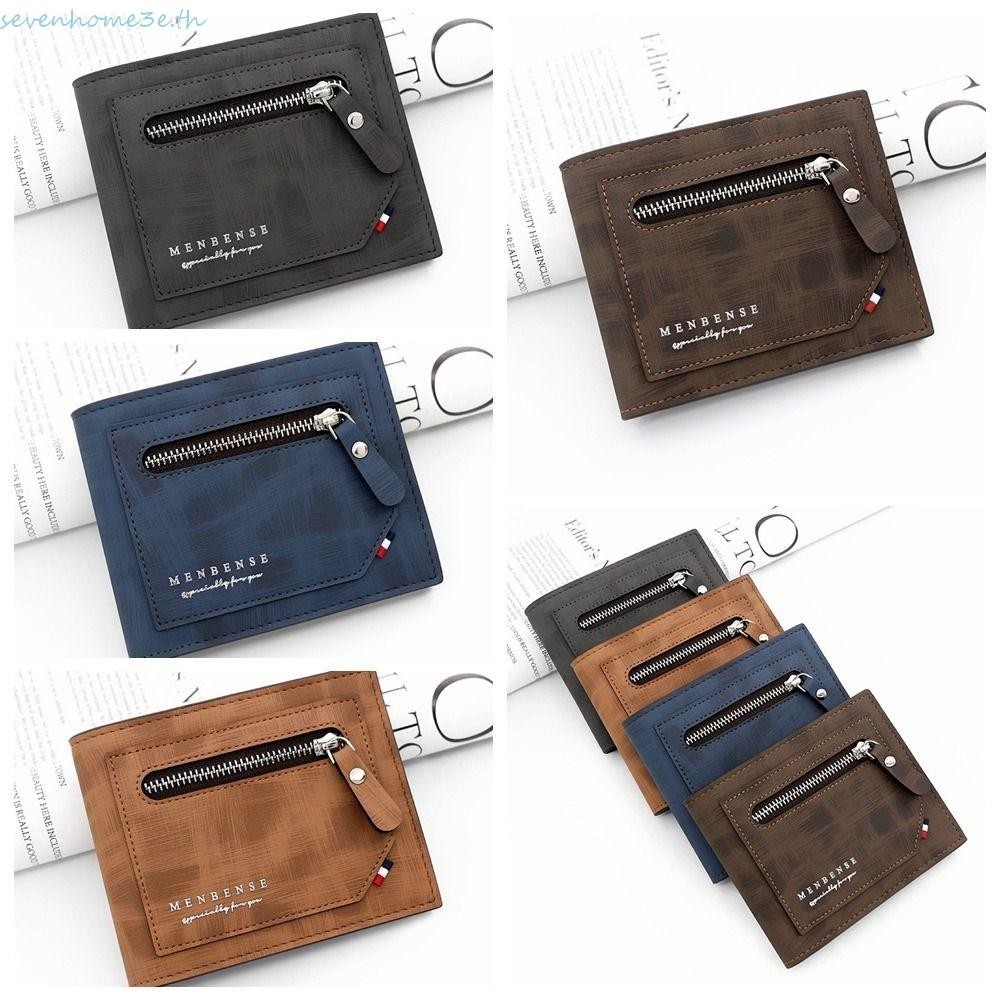 Sevenhome3e กระเป๋าสตางค์หนังผู้ชาย PU ตัวอักษรกระเป๋าใส่เหรียญหลายตําแหน่ง, แฟชั่นสามพับผู้ถือบัตรสั้นคลิปเงินช้อปปิ้ง