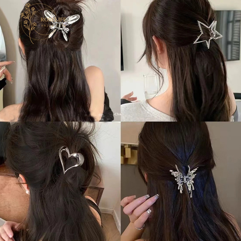 โรสไลฟ์ เงินที่ละเอียดอ่อนโลหะผีเสื้อหัวใจดาวผมกรงเล็บคลิปสําหรับผู้หญิงสาวผู้ถือผมหางม้าสไตล์บิ๊กกิ๊บหนีบทุกวันแฟชั่นอุปกรณ์ผม