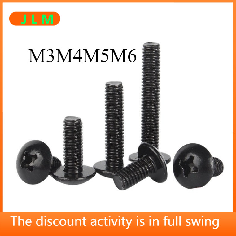 ((JLMI) สีดํา SUS304 สแตนเลสเห็ดหัวกลม Bolt หัวร่มเครื่องสกรู M3M4M5M6 Phillips สกรูหัวแบนขนาดใหญ่