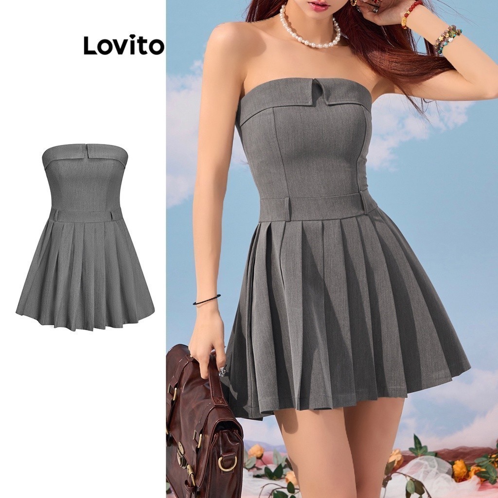 Lovito ชุดเดรสผู้หญิง แต่งจีบ สีพื้น สไตล์ลำลอง L67AD077 (สีเทา)