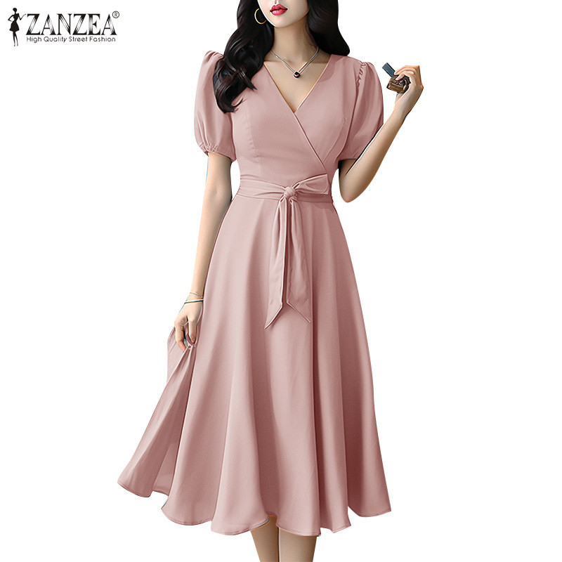ZANZEA ซานเซีย ผู้หญิงเกาหลีหลวมเข็มขัดซิปแขนสั้นคอวีสีทึบชุด