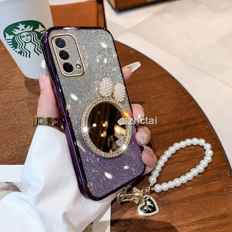 เคส oppo a74 4g a95 a74 5g บางเฉียบแฟลชเคลือบโทรศัพท์มือถือกรณีกรณีโทรศัพท์ใสเปลือกหอยมุกโบว์กระจกแต่งหน้ากับสร้อยข้อมือ เคสโทรศัพท์ oppo a74 4g a95 a74 5g