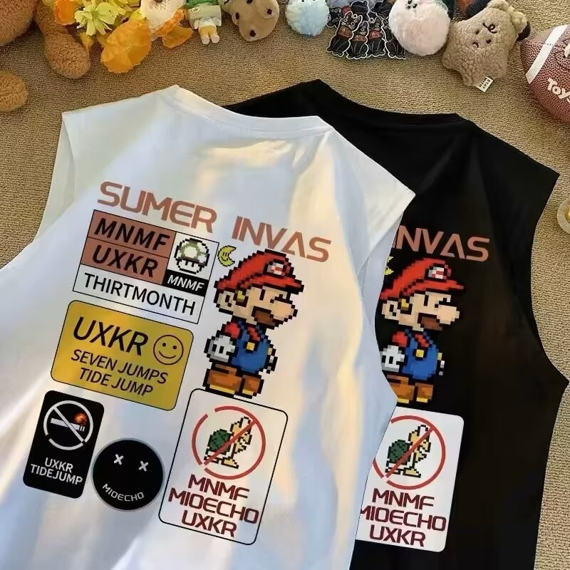 เสื้อกั๊กฤดูร้อนเวอร์ชั่นเกาหลีใหม่พร้อมพิมพ์ลายการ์ตูนแขนกุดมีสไตล์หลวมและอเนกประสงค์