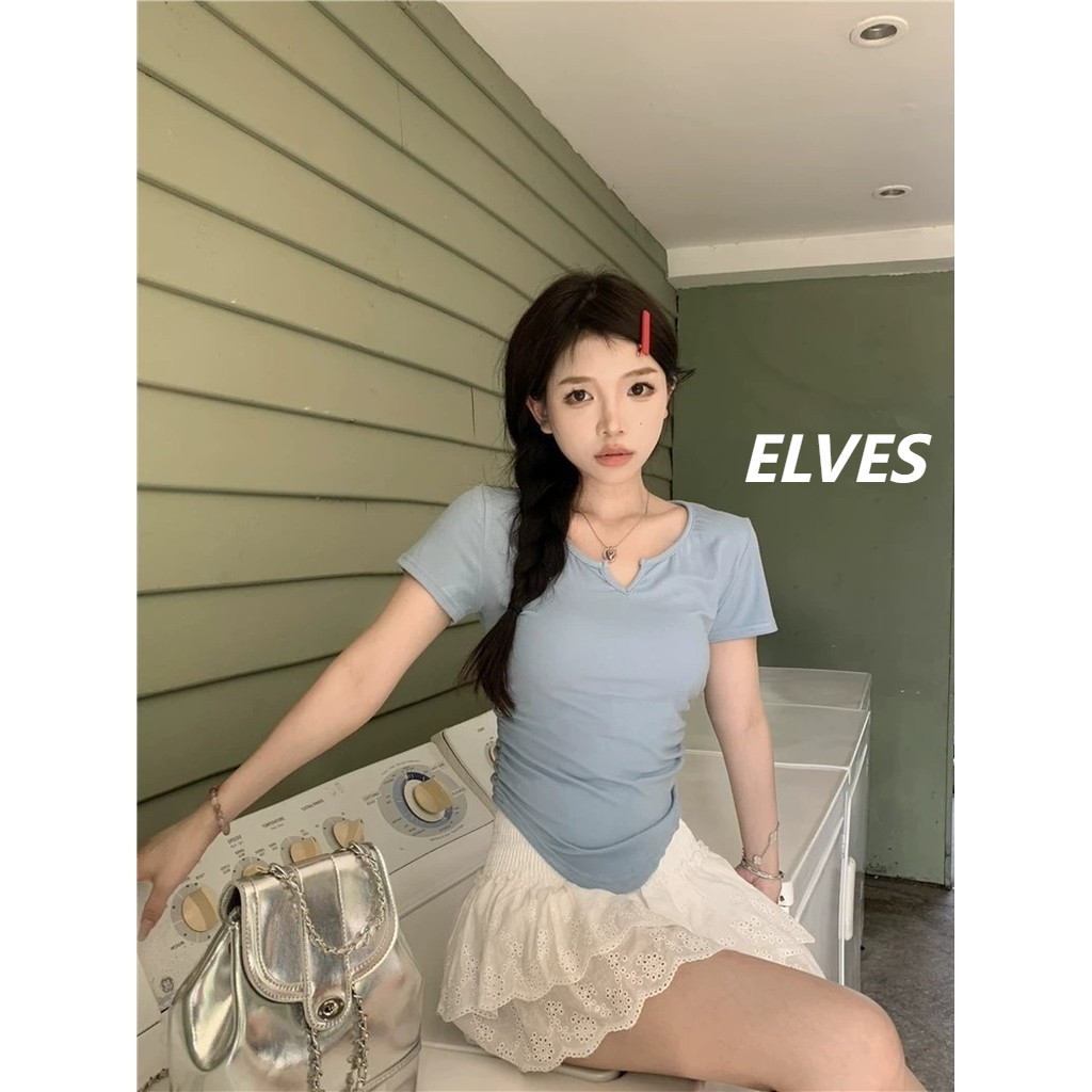 Elves✨พร้อมส่ง✨เวอร์ชั่นเกาหลีสีทึบน่ารักสไตล์ด้วยเสื้อคอวีผู้หญิงฟองน้ำ"FY5023-S"