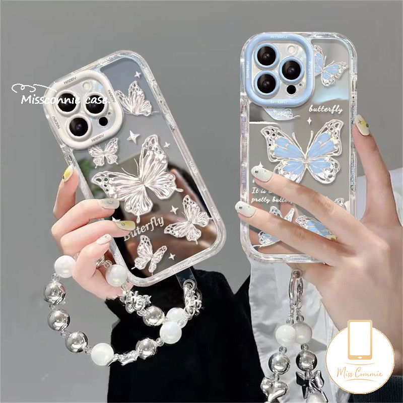 Bright Blue White Lovers Dream Butterfly สําหรับ Oppo A60 A18 A57 A15 A79 A38 A7 A15s A12 A35 A5s A16 A3s A33 A53 A77 A58 A16s A17K กรณีกระจกแฟชั่นสร้อยข้อมือ