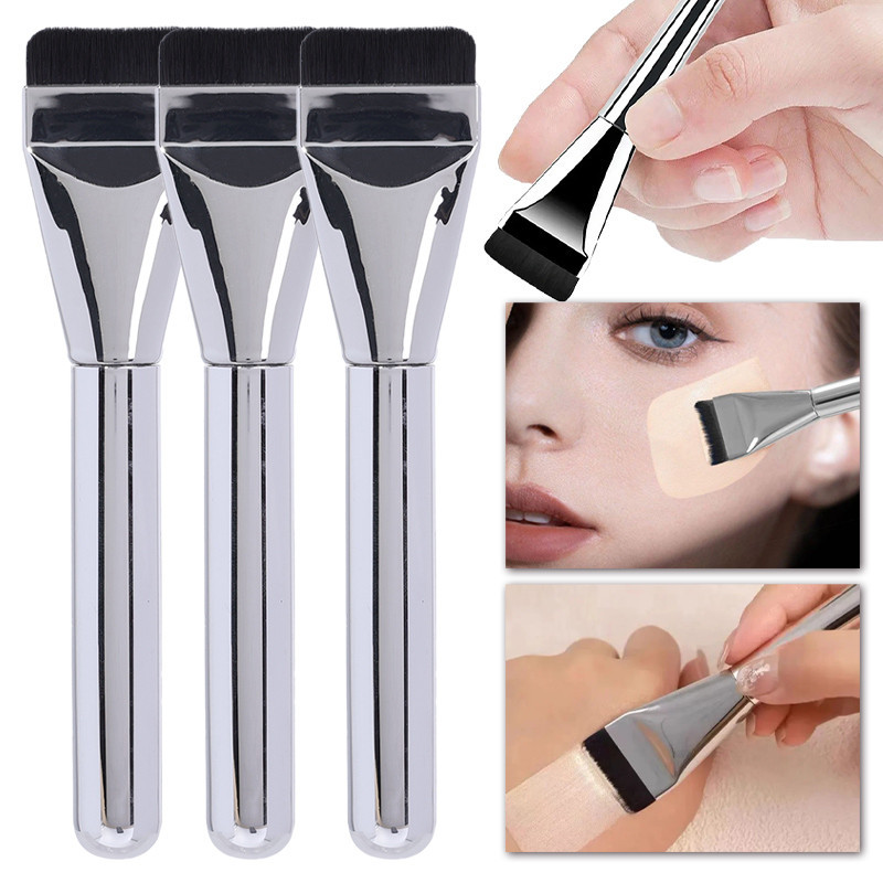 แปรงแต่งหน้าหัวแบนบางพิเศษ-แปรงมาส์กรองพื้นแบบกว้างสีเงิน-เครื่องมือเสริมความงาม