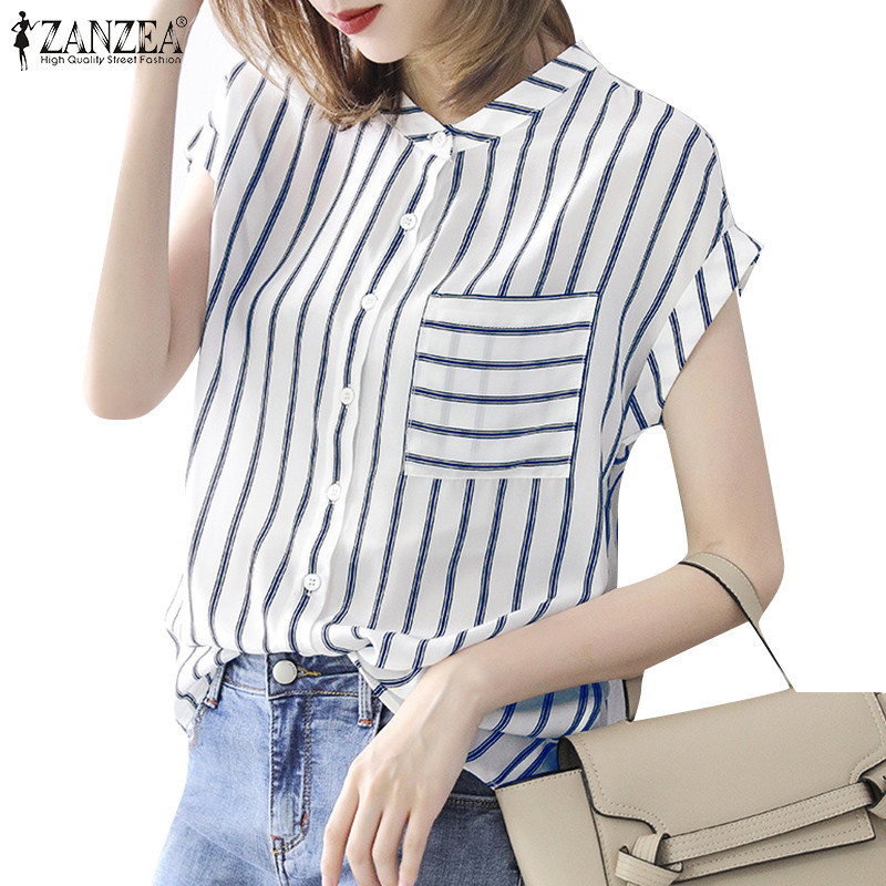 Zanzea เสื้อเบลาส์แขนสั้นพิมพ์ลายลายทางลําลองสําหรับผู้หญิงทุกวัน