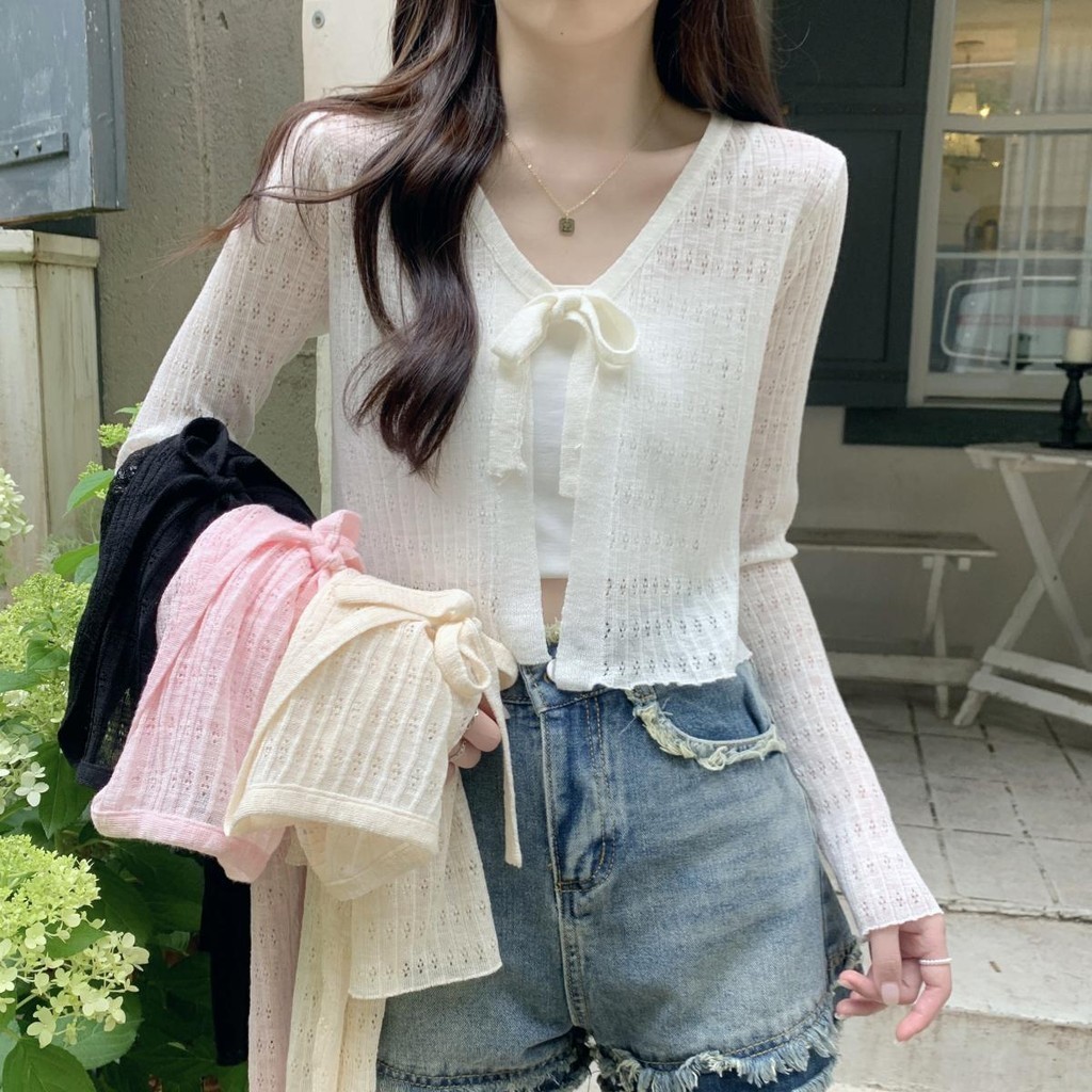 Lune_Graceเสื้อคลุมแขนยาวผ้าเบาบาง ผูกโบว์หน้า กันแดด 6สี น่ารักแนวเกาหลี รุ่นT062