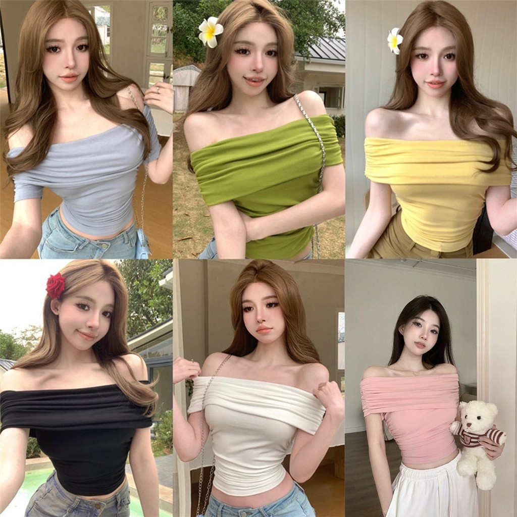 Lune_Graceเสื้อครอปเปิดไหล่ทรงรัดรูป y2kโชว์ สะดือเซ็กซี่สาวฮอต ผ้านุ่มใส่สบายยืดได้เยอะ รุ่นY2820