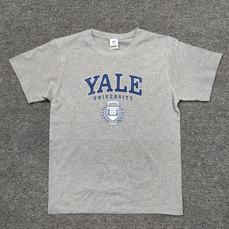 ผ้าฝ้าย 100% หลวมขนาด YALE University YALE ตัวอักษรชุดนักเรียนเสื้อยืดแขนสั้นผู้ชายและผู้หญิง