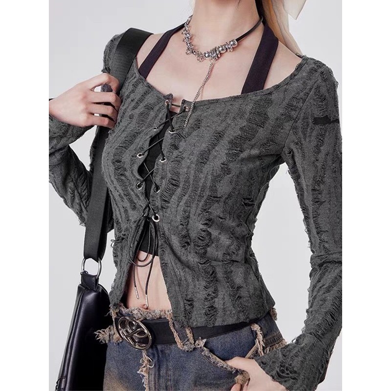 L.A Shop​-​พร้อมส่ง เซ็ต คล้องคอ+เสื้อไหมพรมแขนยาว ดีเทล ร้อยเชือกเก๋ สีเทาอ่อนๆ 