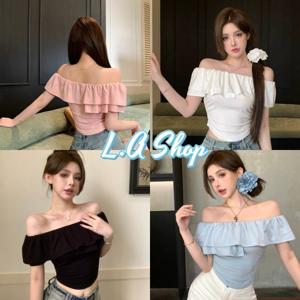 L.A Shop​-​พร้อมส่ง เสื้อเปิดไหล่ไหมพรมแขนสั้น ดีเทลสีพาสเทล ผ้าพริ้วๆ ยืดกำลังดี "35506"