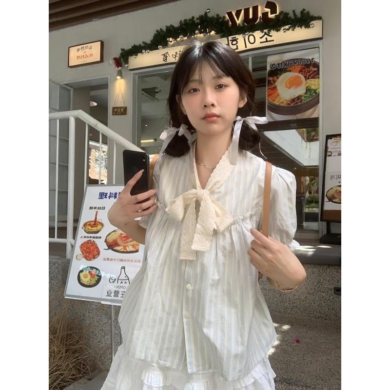 Micki-เสื้อเชิ้ตแขนสั้น แถบ สไตล์น่ารัก เสื้อผ้าแฟชั่นสตรี