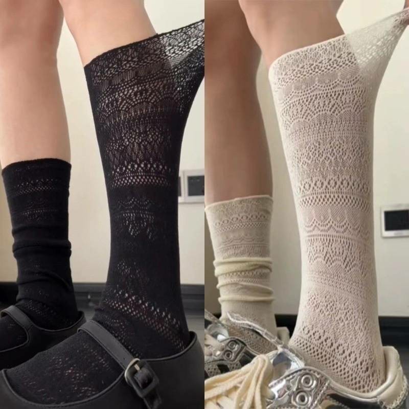Soft Mid Tube Sock - Cotton Long Crew Socks - สไตล์ลําลองทุกวัน - Vintage Cutout Mesh Stacked Socks - หวาน ระบายอากาศได้ดี สบาย