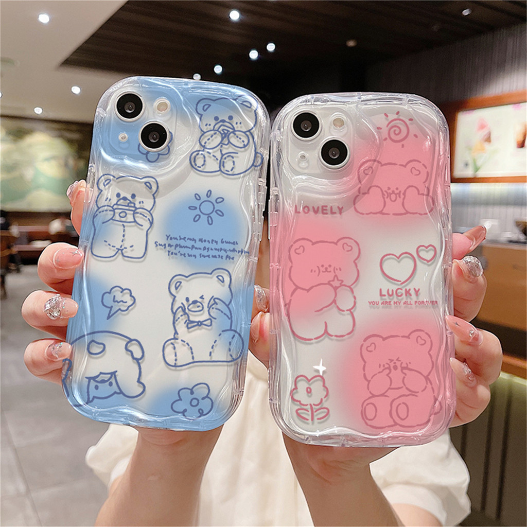 SAMSUNG สําหรับSamsung A11 A52 A50 A10s A34 A15 A10 A04 A20s A51 A53 A24 A23 A12 A54 A14 A03 A52S A05 A31 A21s A30 A33 A32 A04E A03S A05S A20 A22 A13 A50S A04S A02S A30S M12 M32 A25Dโค้งกรณีหมีสีชมพูเคสโทรศัพท์