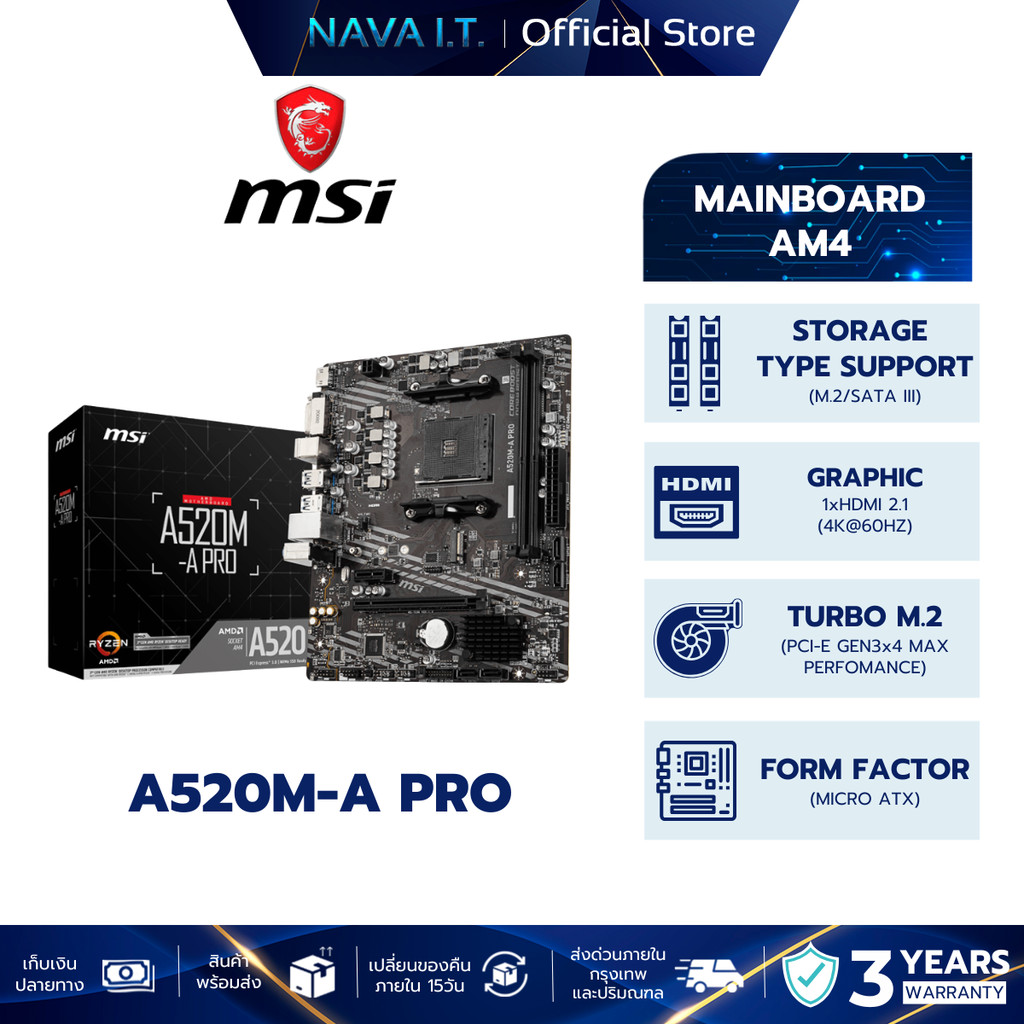 MSI MAINBOARD เมนบอร์ด A520M-A PRO AM4