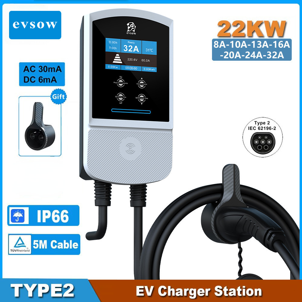 Evsow Type2 EV สถานีชาร์จ 32A 7KW ไฟฟ้ารถชาร์จ EVSE Wallbox 11KW 22KW 3Phase Type2 IEC62196-2 EV Cha