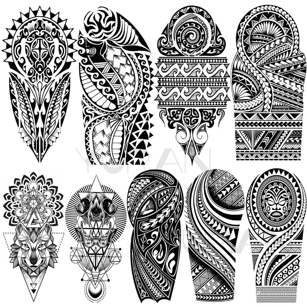 ขนาดใหญ่ Maori รอยสักชั่วคราวสําหรับผู้ชายผู้หญิงหนามที่สมจริง Totem Wolf Mandala เรขาคณิตปลอม Tattoo สติกเกอร์แขน Tattoos