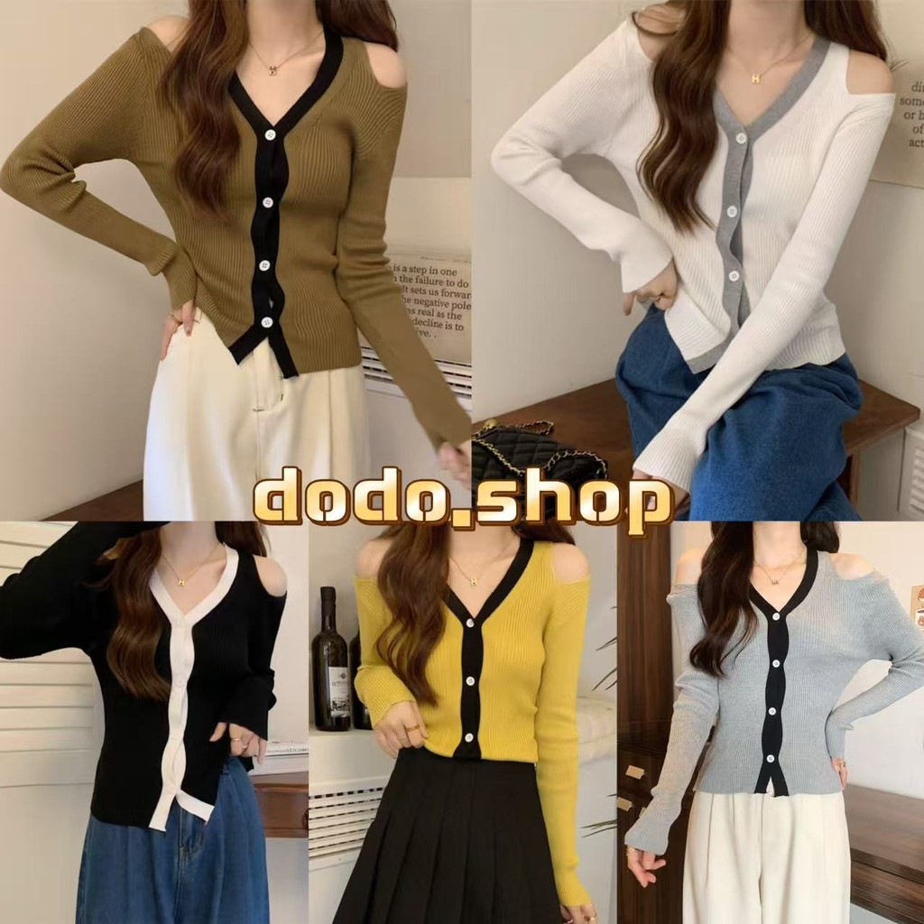 DODO*พร้อมส่ง*เสื้อไหมพรมแขนยาว คอวี แต่งกระดุมดีเทลเก๋เปิดไหล่เล็กน้อย ผ้านุ่มใส่สบาย(47188)