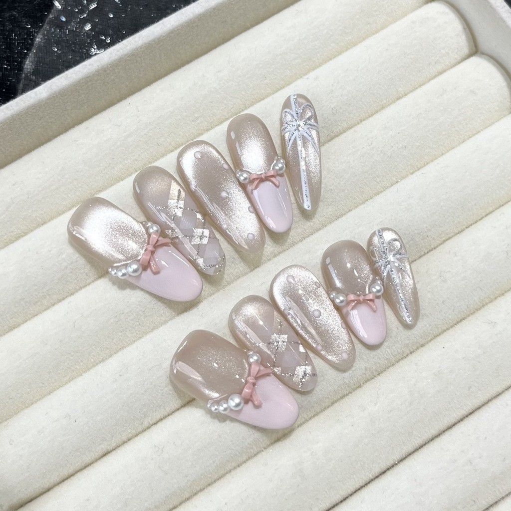 ทำมือ+กาวฟรี เล็บปลอมสำหรับสาวตาแมว ลายหนัง ผงฝรั่งเศส โฟโตอุปกรณ์ เล็บปลอมแบบติดเล็บ ใช้ซ้ำได้