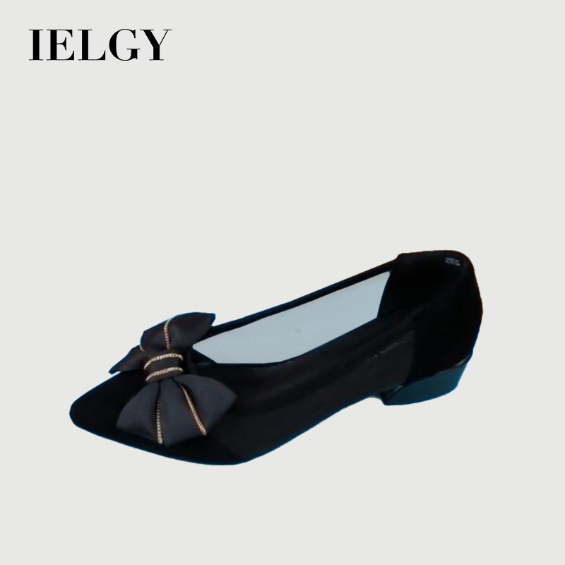IELGY ฤดูร้อนใหม่โบว์ตัด-ออก รองเท้าเดียวของผู้หญิงที่มีรองเท้าส้นเตี้ยแฟชั่นตาข่ายระบายอากาศ
