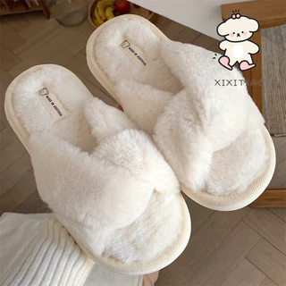 Xixtiao รองเท้าแตะผ้าฝ้ายแฟชั่น PPR Simple Cross สีทึบ One-word หญิงฤดูใบไม้ร่วงฤดูหนาว Leisure บ้านในร่ม Warm Plush