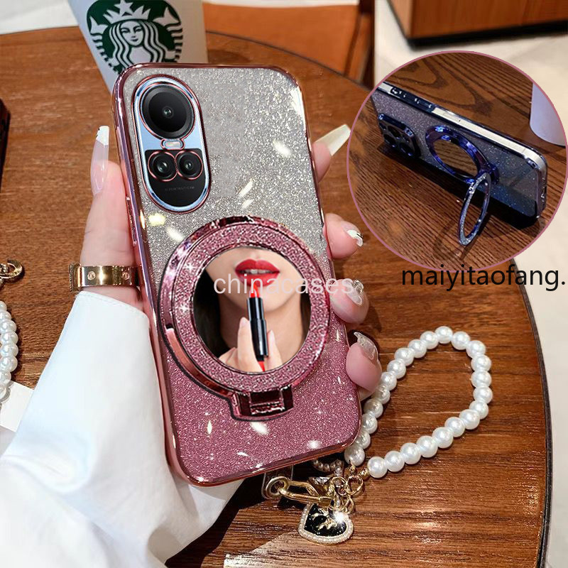 สําหรับ OPPO Reno 10 5G Reno 10 Pro 5G วงเล็บแม่เหล็กหรูหรา TPU แฟลชนุ่มกระจกแต่งหน้า + สร้อยข้อมือเคสโทรศัพท์