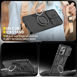 เกราะกันกระแทกเคสโทรศัพท์สําหรับOppo Reno 14F 13F 13 Pro Reno13F Reno13Pro Reno14F 15F S 4G 5G Pushดึงสไลด์กล้องเลนส์ป้องกันHardปลอกปกหลังพร้อมผู้ถือแหวนโลหะ