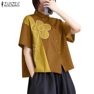 Zanzea เสื้อเชิ้ตแขนสั้นพิมพ์ลายดอกไม้สไตล์เกาหลีสําหรับผู้หญิง