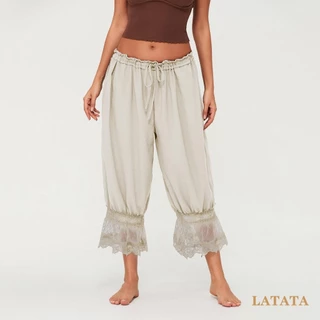 (จัดส่งในกรุงเทพฯ)Latata-Womens Cropped Pants Loose Mid Rise Patchwork Lace Lantern Pants Casual Streetwear