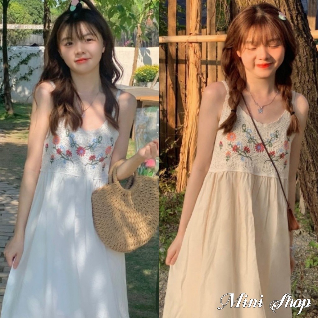 Mini shop🌸พร้อมส่ง🌸ชุดเดรสถักไหมพรม น่ารักคาวาอี้ สายเดี่ยวกระโปรงยาวสไตล์โบฮีเมี่ยน(CX00767)