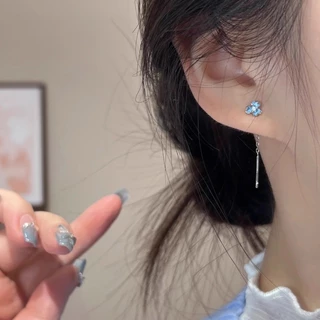ส925 เงินชุบดอกไม้สีฟ้าห้อยหูลวดต่างหูเครื่องประดับอุปกรณ์เสริม