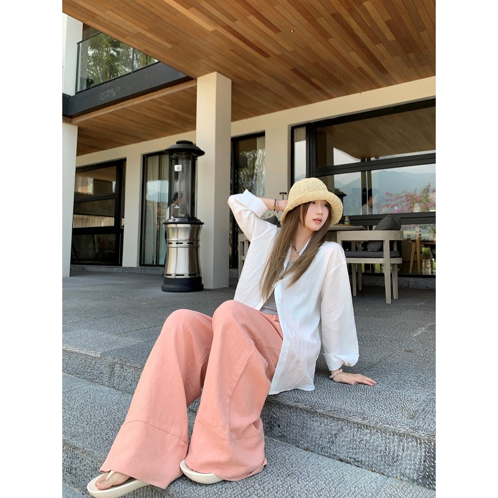 Luna Shop กางเกงลําลองผู้หญิง กางเกงขาตรงเชือกรูด หลวมๆ เรียบง่าย เนื้อผ้าบางใส่สบาย สไตล์เกาหลี 🍒 พร้อมส่ง 💕 - รูปที่ 2