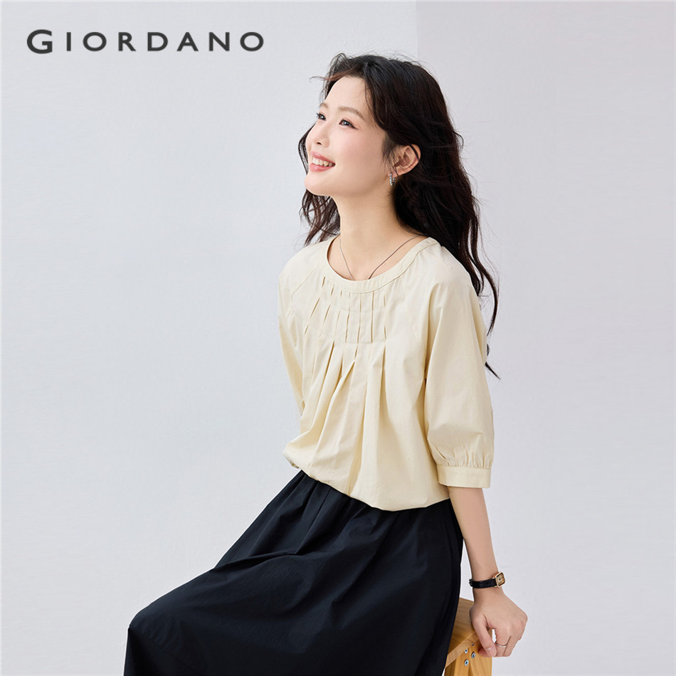 GIORDANO WOMEN 100% Cotton poplin crewneck pleated blouse 13345309