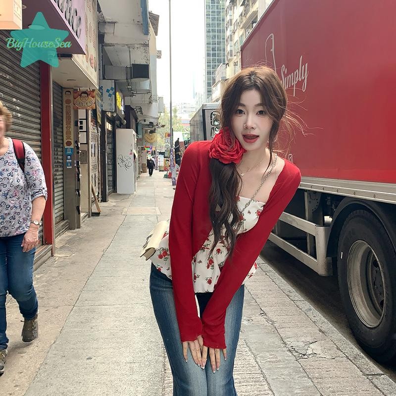 [BigHouseSea] ฤดูร้อนใหม่วันหยุดแฟชั่น Retro ผู้หญิงดอกไม้เสื้อกั๊กสีแดงสั้นเสื้อสเวตเตอร์ถัก Slash คอ Camis Chic Strapless Tank ใหม่