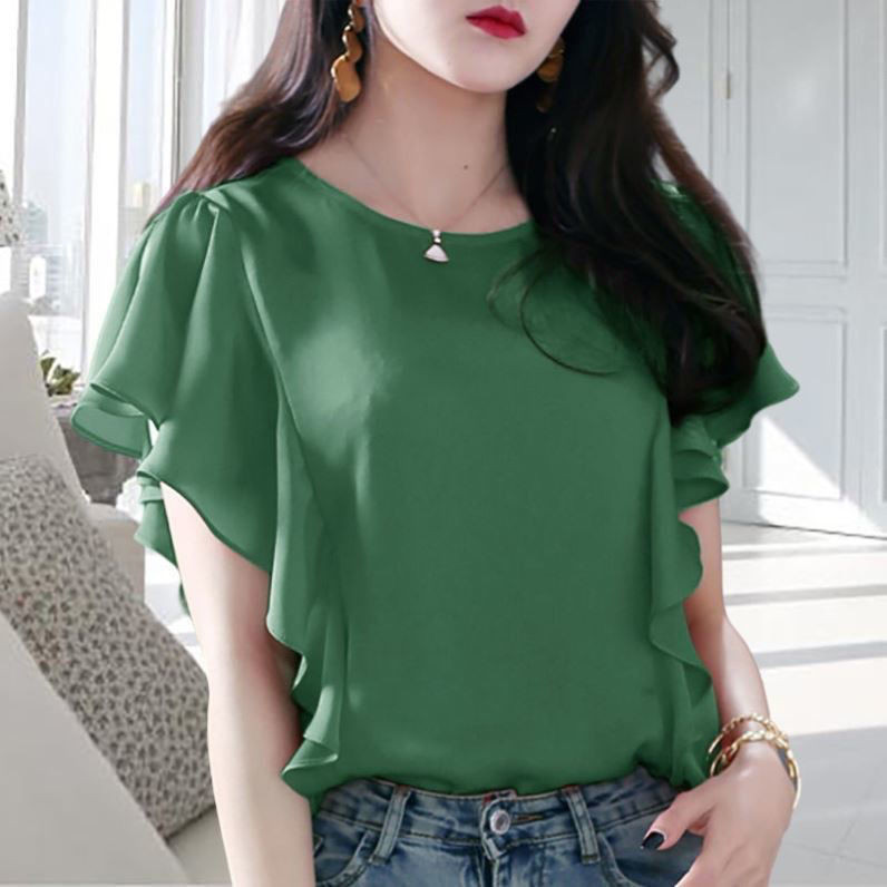 เสื้อชีฟองผู้หญิง 2024 ฤดูร้อนใหม่อเนกประสงค์หลวม การทําตัวให้ผอม แฟชั่นเสื้อยืดลําลอง สูงสุด