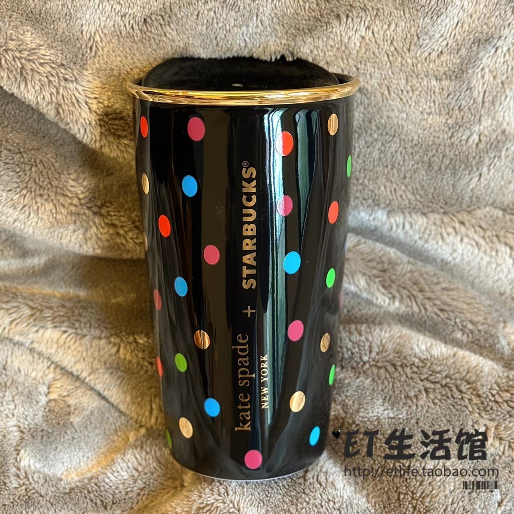 Ins Starbucks Cup Starbucks Cup Spring New Style Kate Spade Simple Black Polka Dot Double Layer Desk