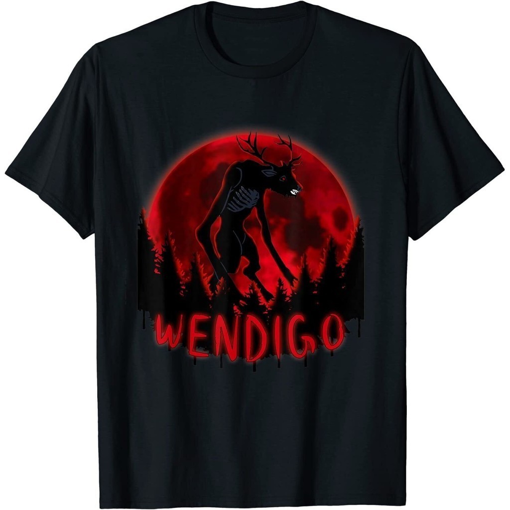 เสื้อยืดโลโก้ Red Full Moon In A Ghost Forest Wendigo Folklore