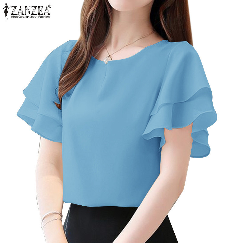 Zanzea ผู ้ หญิงเกาหลี O-คอปุ ่ ม Double Layer Ruffle เสื ้ อแขนสั ้ น