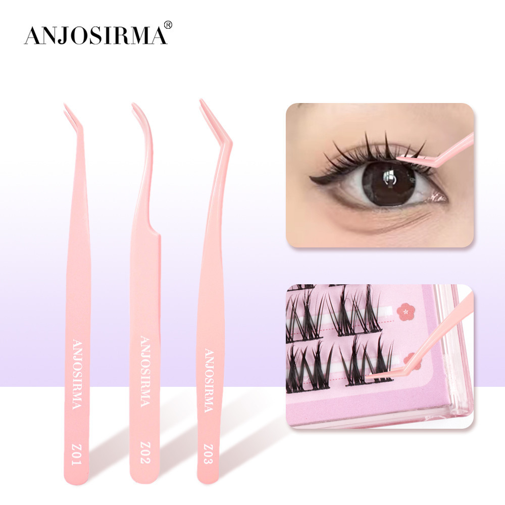 Anjosirma พรีเมี่ยมสีชมพูแหนบขนตาความแม่นยําสูง Anti-static สแตนเลส Eyelash ปลูกแหนบเครื่องมือความงาม