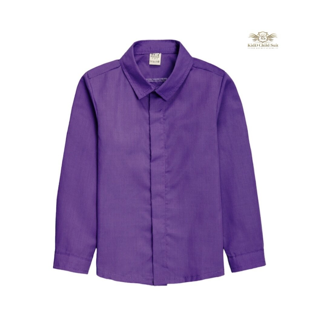 Purple Boy Shirt เสื้อเชิ้ตแขนยาวปกเล็ก สีม่วง เชิ้ตเด็กปกเล็ก ลำลอง หรือใส่กับสูทได้ เข้ารูป ขนาด 90 ถึง 150 หรือ ขน…