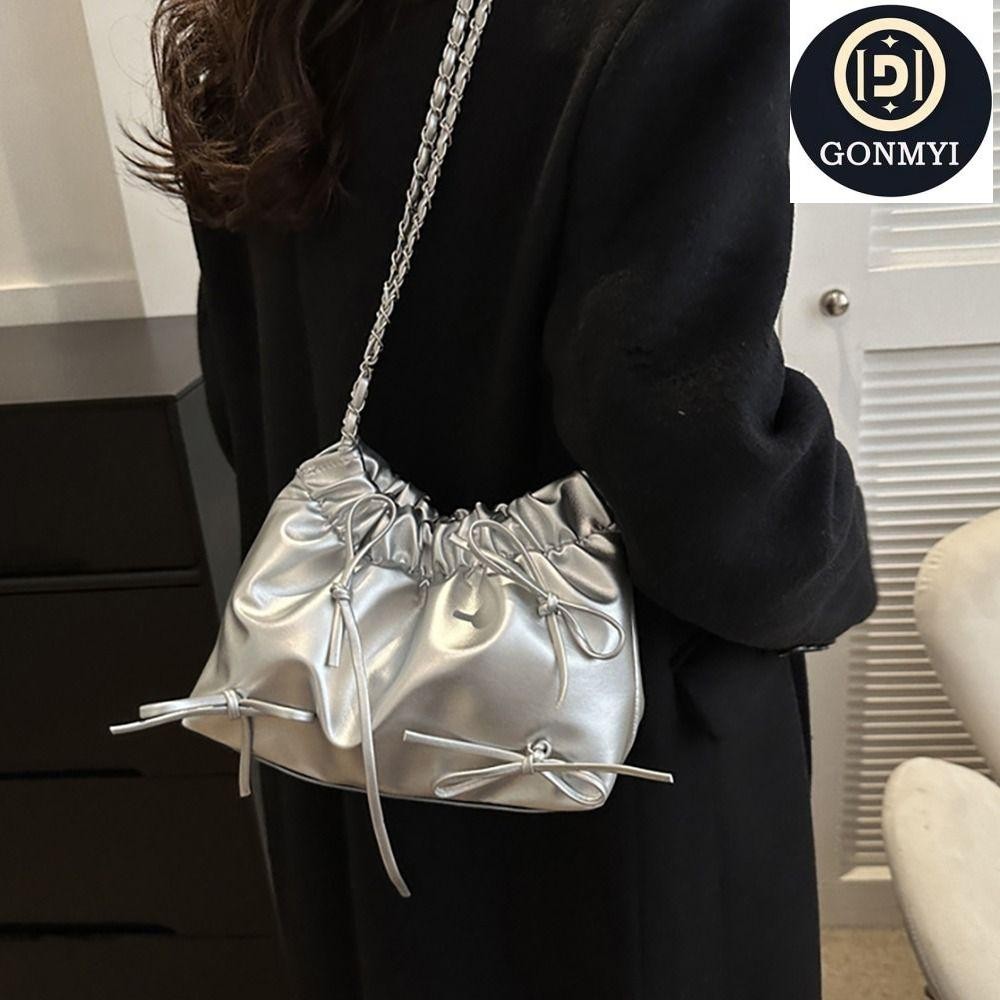 Gonmyi Plain Pleated Bag, Casual Plain One-sided Pleated Design Women 's Shoulder Bag, PU Leather Small All-match Bucket Bag Women