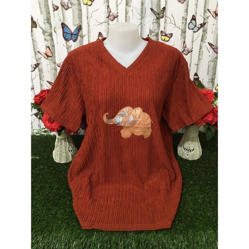 เสื้อแฟชั่นคอวีแขนสั้น ผ้าทอฟฟี่สีพื้น อก46-50นิ้ว สาวอวบใส่สวยมาก รุ่น2003-1