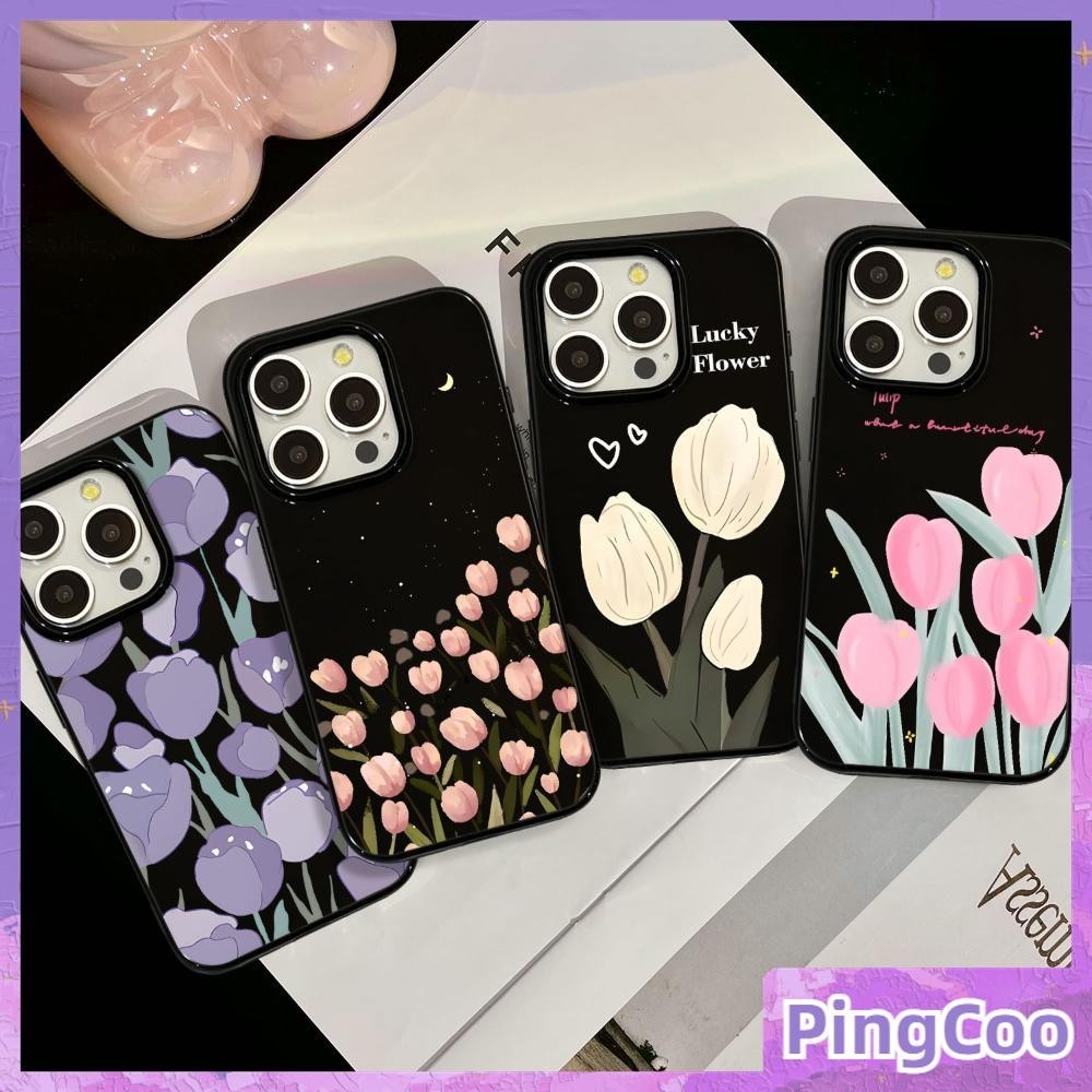 สําหรับiphone 15 Pro Max iPhoneกรณีสีดําGlossy TPU Soft Caseกันกระแทกป้องกันดอกไม้ดอกทิวลิปที่สวยงามเข้ากันได้กับiPhone 14 13 12 Pro Max 11 XR XS Max 7 8 Plus