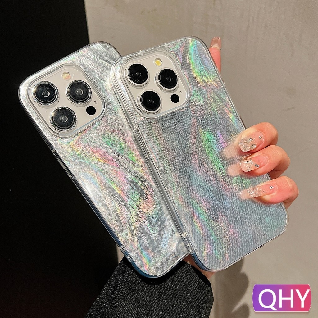 Qhy - กระดาษเลเซอร์ขนนกสีเงินสไตล์เรียบง่ายสําหรับเคส iphone 6 6s SE 7 8 PLUS XR 11 12 mini 13 14 pro xs max ซิลิโคนอ่อนนุ่ม
